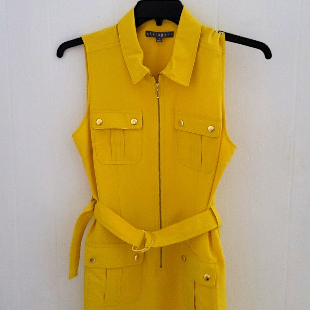 Sharagano front zip up yellow dress NWOT